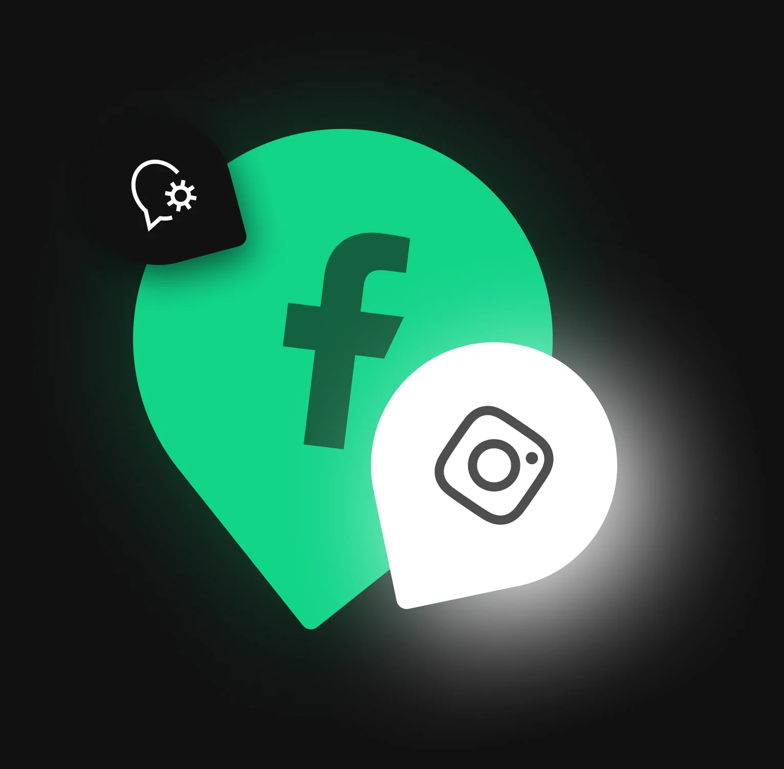 Facebook és Instagram ikonok zöld térképjelölőkön